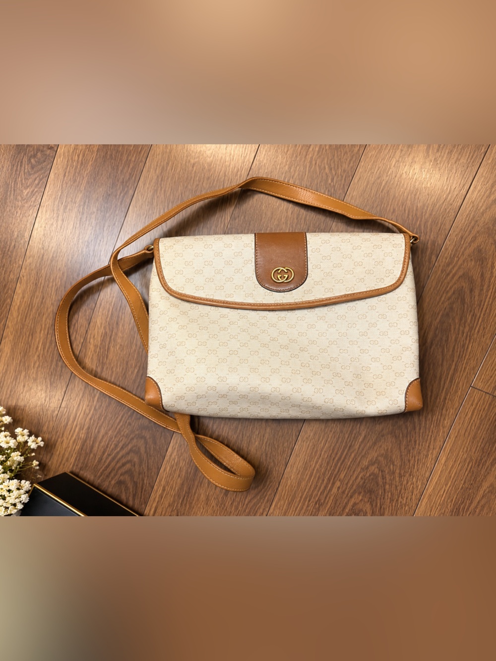 Gucci Beige and Tan Monogram Shoulder Bag with Gold Logo